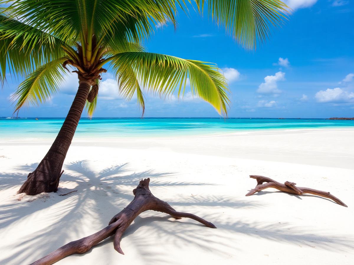 White sand beach with palm shade and calm turquoise shallows