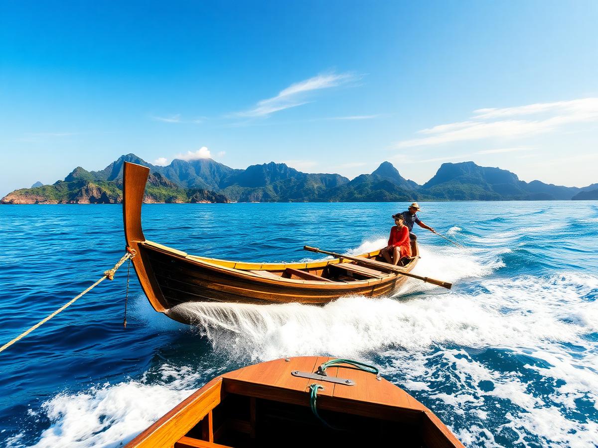 Wooden outrigger boat crossing open blue sea with green coastline in the distance