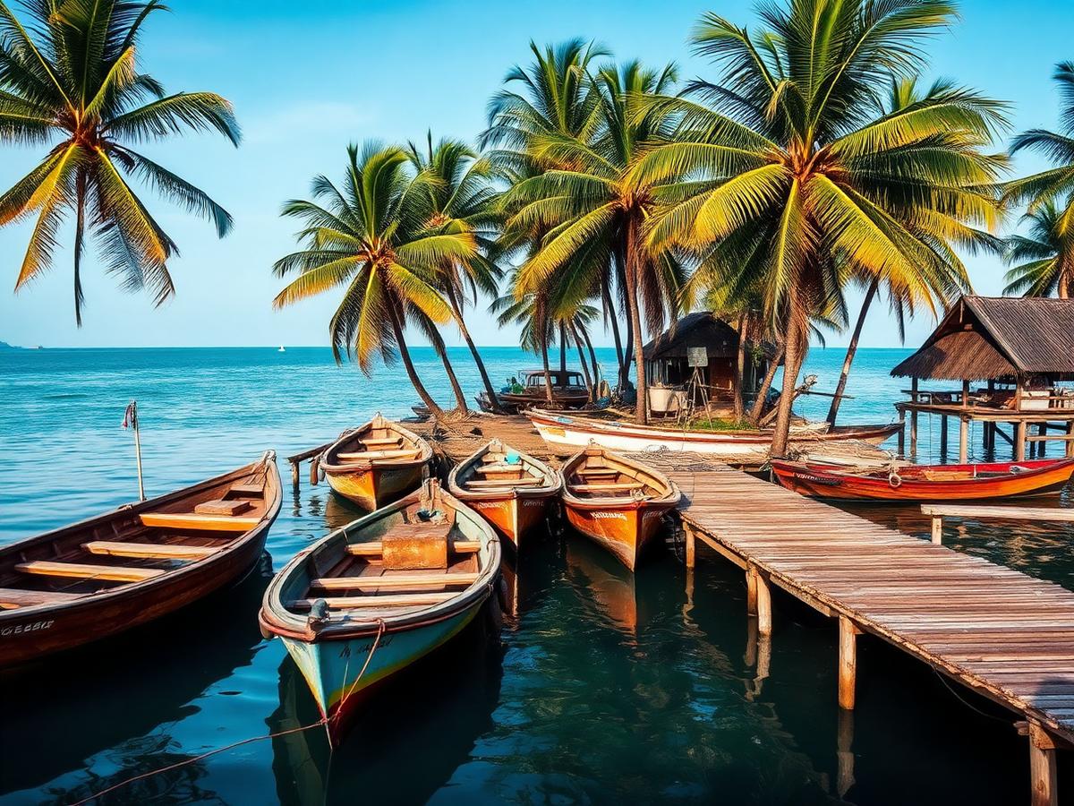 Wooden boats moored at Serei harbour
