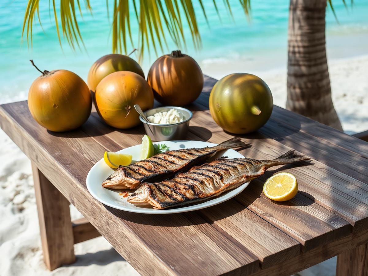 Grilled fish and coconuts on a beach table
