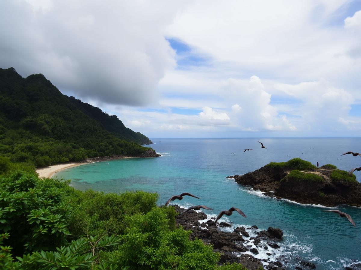 Turquoise sea meeting a lush green volcanic coastline