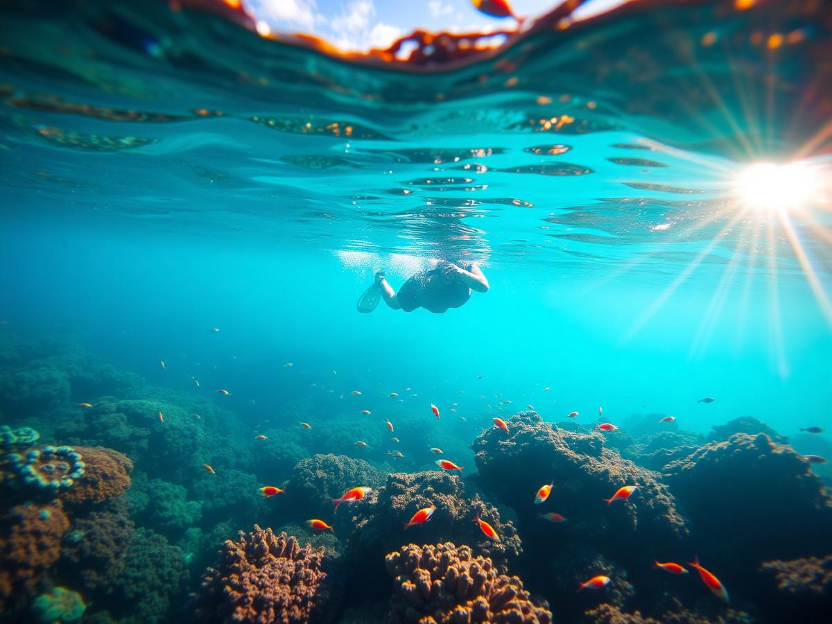 Snorkeler above a colourful coral reef in clear turquoise water