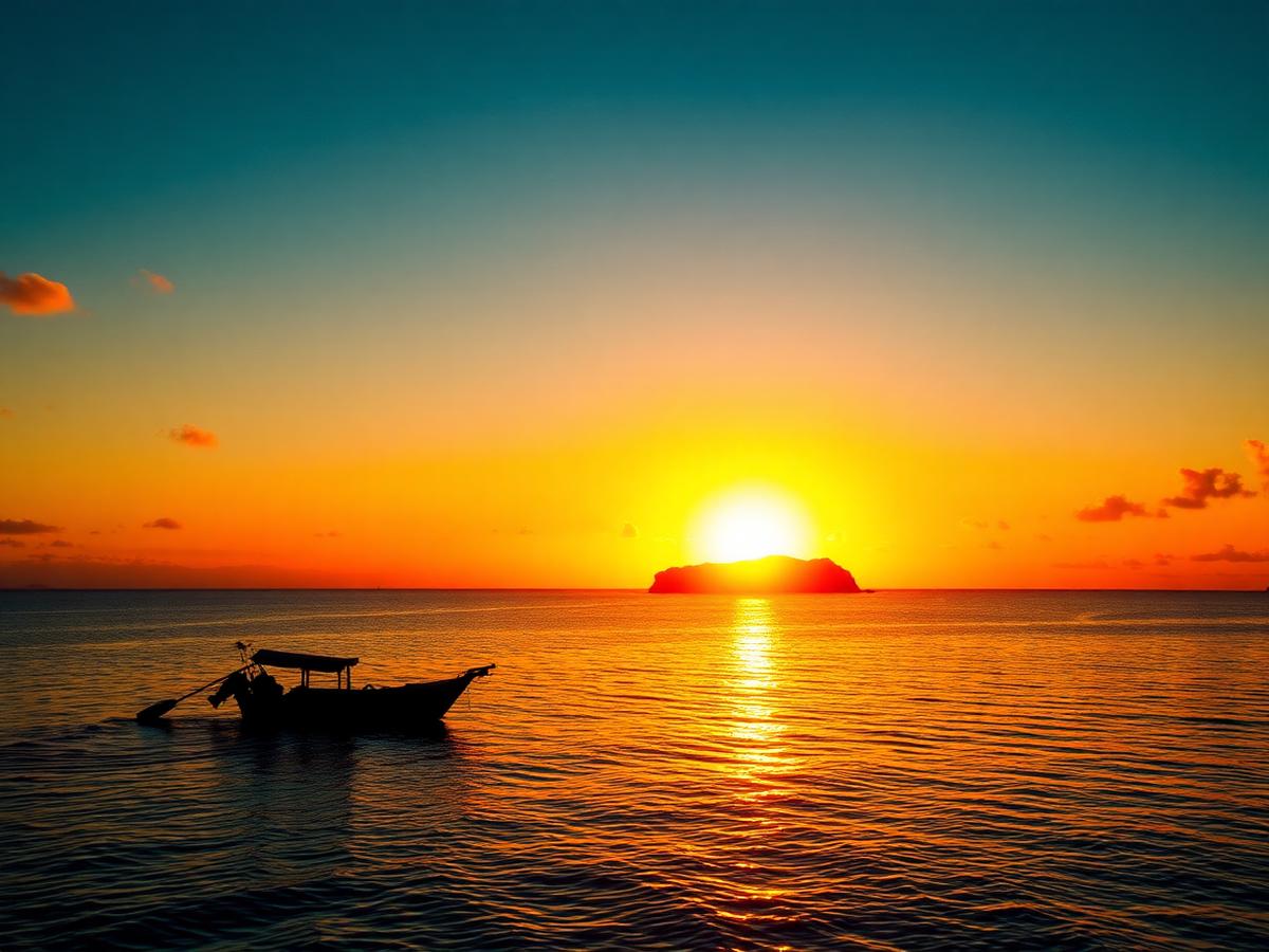 Sunset over the ocean with a boat silhouette
